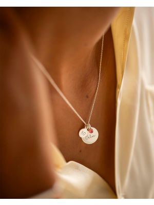 Sterling Silver Personalised Disc Necklace With Initial & Birthstone Charm