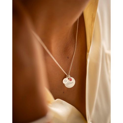 Sterling Silver Personalised Disc Necklace With Initial & Birthstone Charm